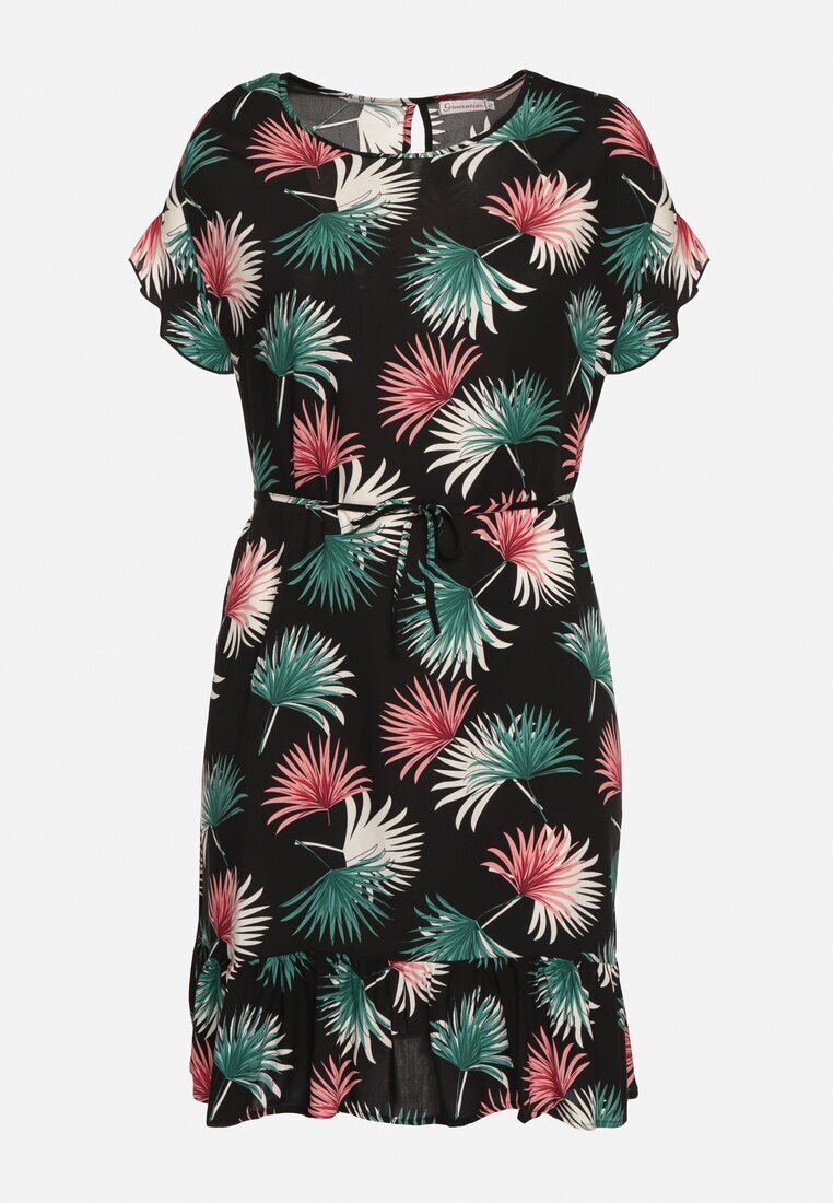 generation Rochie de Bumbac Negru-Verde cu Motiv Floral și Legătură în Talie Rissani