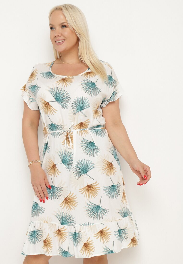 generation Rochie din bumbac alb-albastru cu motiv floral și cordon în talie Rissani