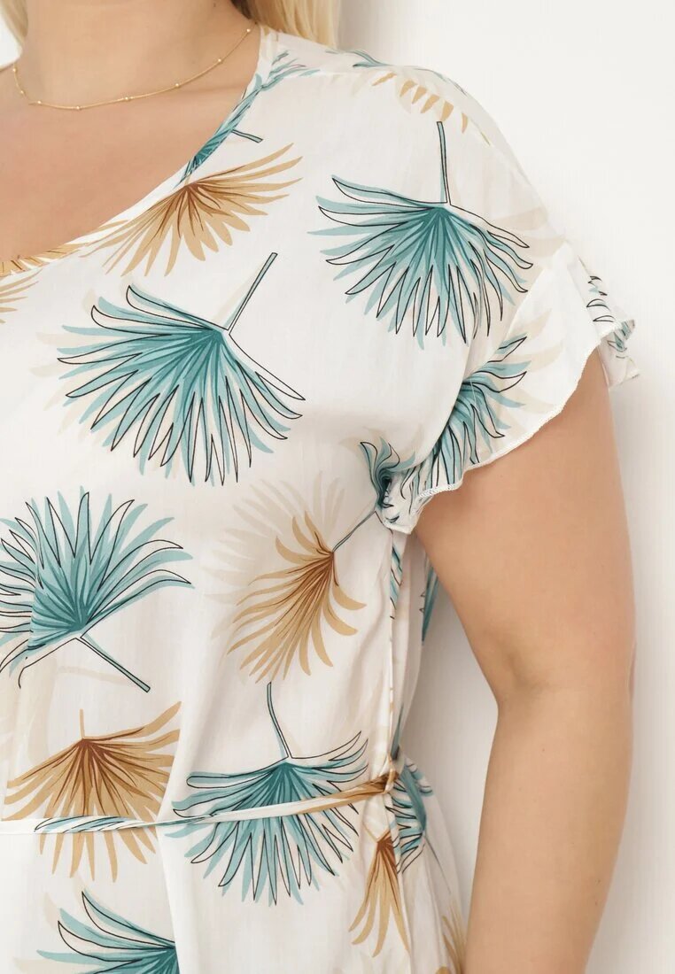 generation Rochie din bumbac alb-albastru cu motiv floral și cordon în talie Rissani