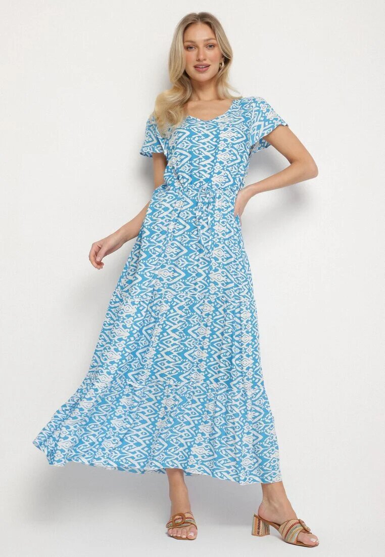 generation Rochie din bumbac albastru deschis decorată cu model Aztec cu șnur în talie
