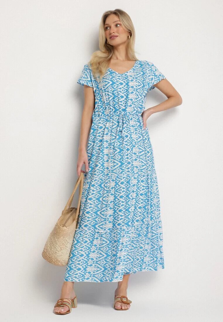 generation Rochie din bumbac albastru deschis decorată cu model Aztec cu șnur în talie