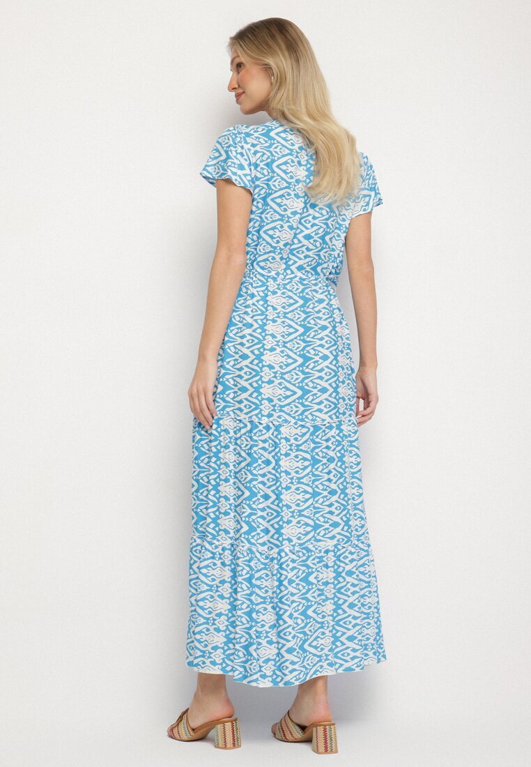 generation Rochie din bumbac albastru deschis decorată cu model Aztec cu șnur în talie