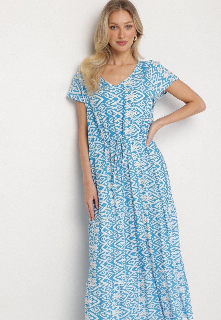 generation Rochie din bumbac albastru deschis decorată cu model Aztec cu șnur în talie
