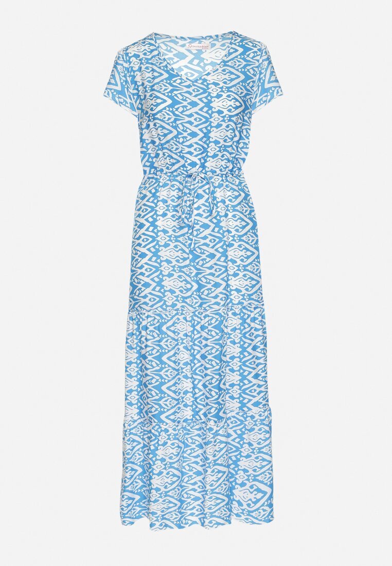 generation Rochie din bumbac albastru deschis decorată cu model Aztec cu șnur în talie