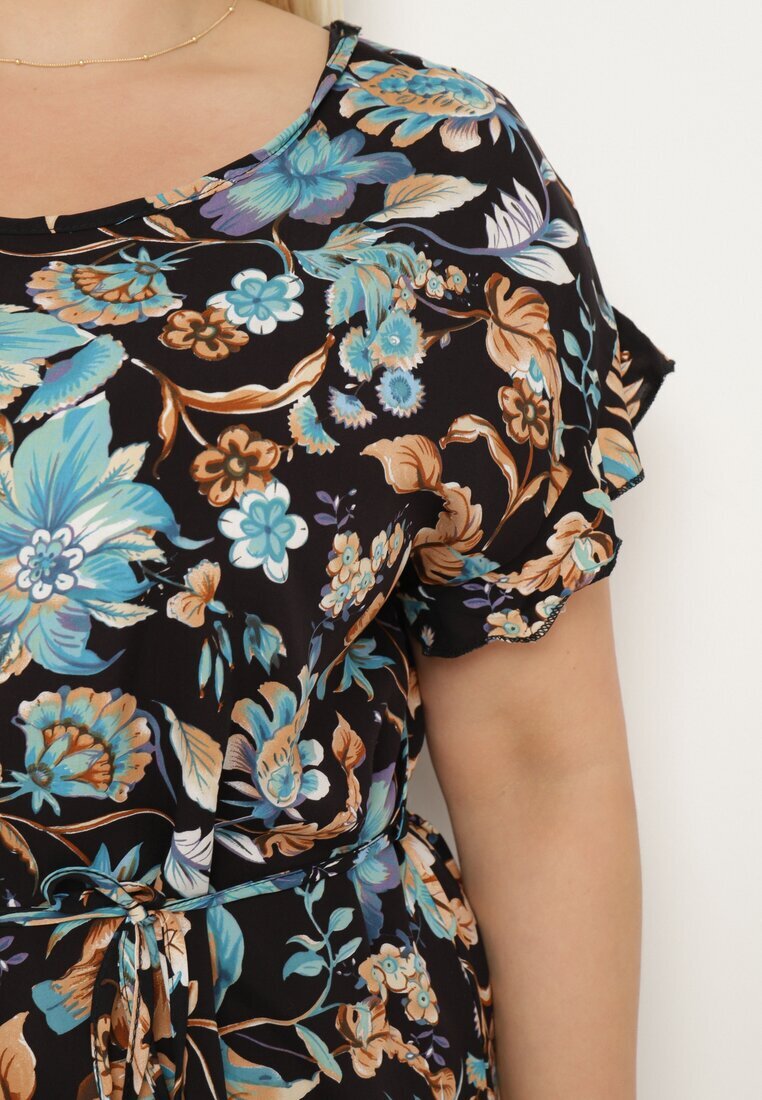 generation Rochie din bumbac Negru-Albastru cu imprimeu floral croială dreaptă cu șnur în talie Risallise