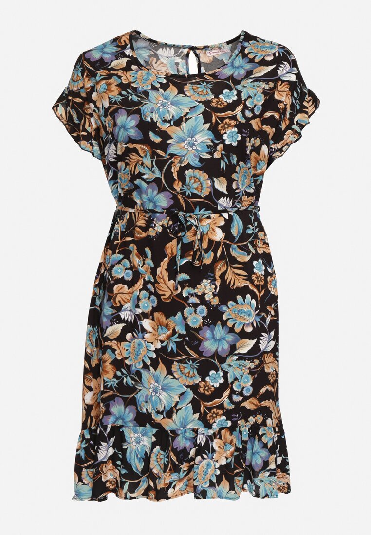 generation Rochie din bumbac Negru-Albastru cu imprimeu floral croială dreaptă cu șnur în talie Risallise