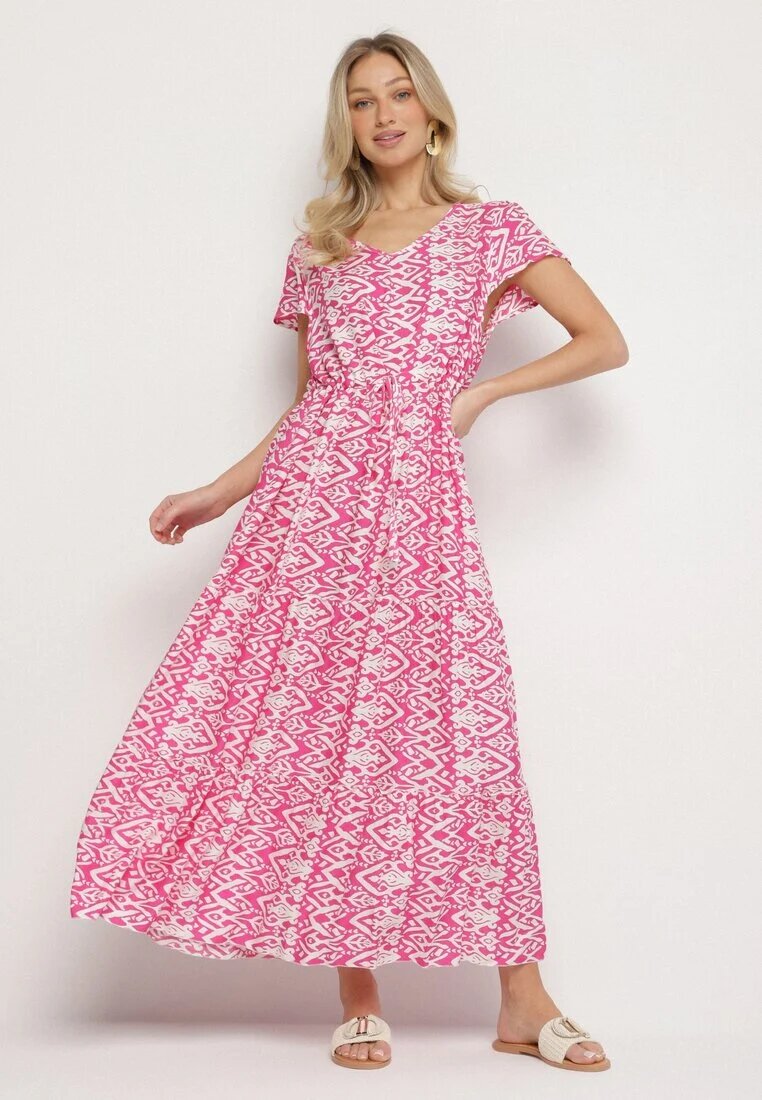 generation Rochie din Bumbac Roz Decorată Cu Model Aztec Cu Șnur în Talie