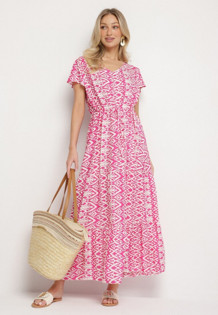 generation Rochie din Bumbac Roz Decorată Cu Model Aztec Cu Șnur în Talie