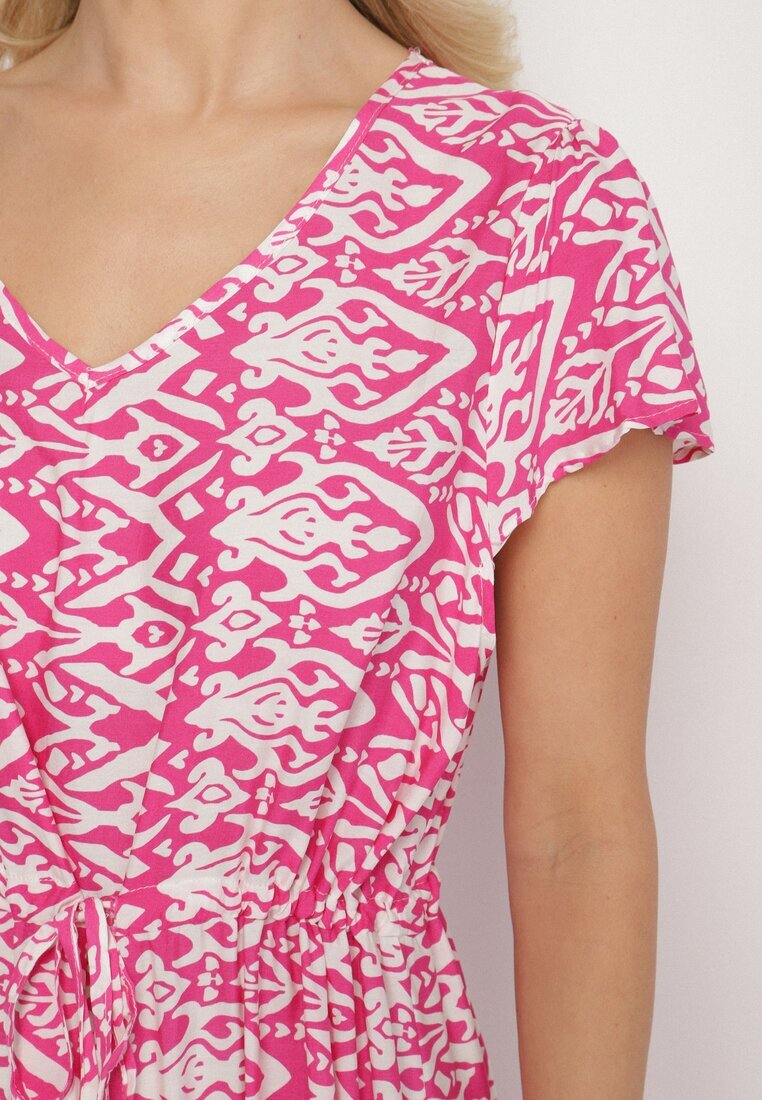 generation Rochie din Bumbac Roz Decorată Cu Model Aztec Cu Șnur în Talie