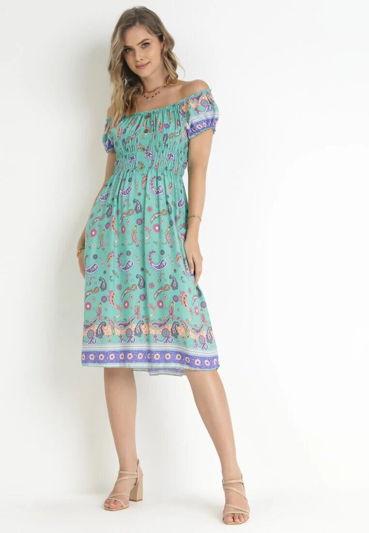 generation Rochie mentă evazată din bumbac cu umerii goi cu imprimeu Paisley Dottia