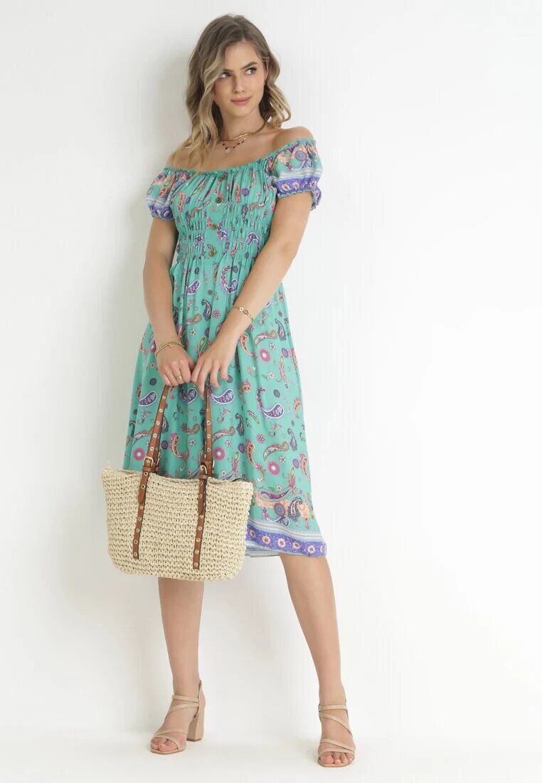 generation Rochie mentă evazată din bumbac cu umerii goi cu imprimeu Paisley Dottia
