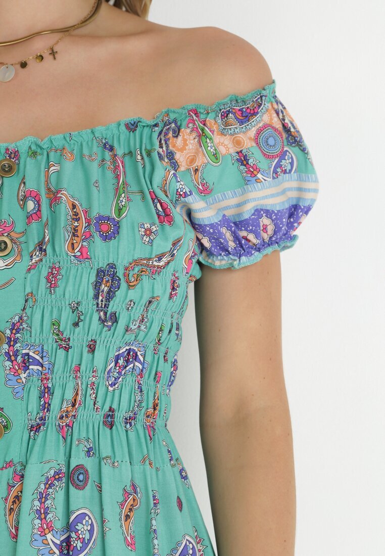generation Rochie mentă evazată din bumbac cu umerii goi cu imprimeu Paisley Dottia