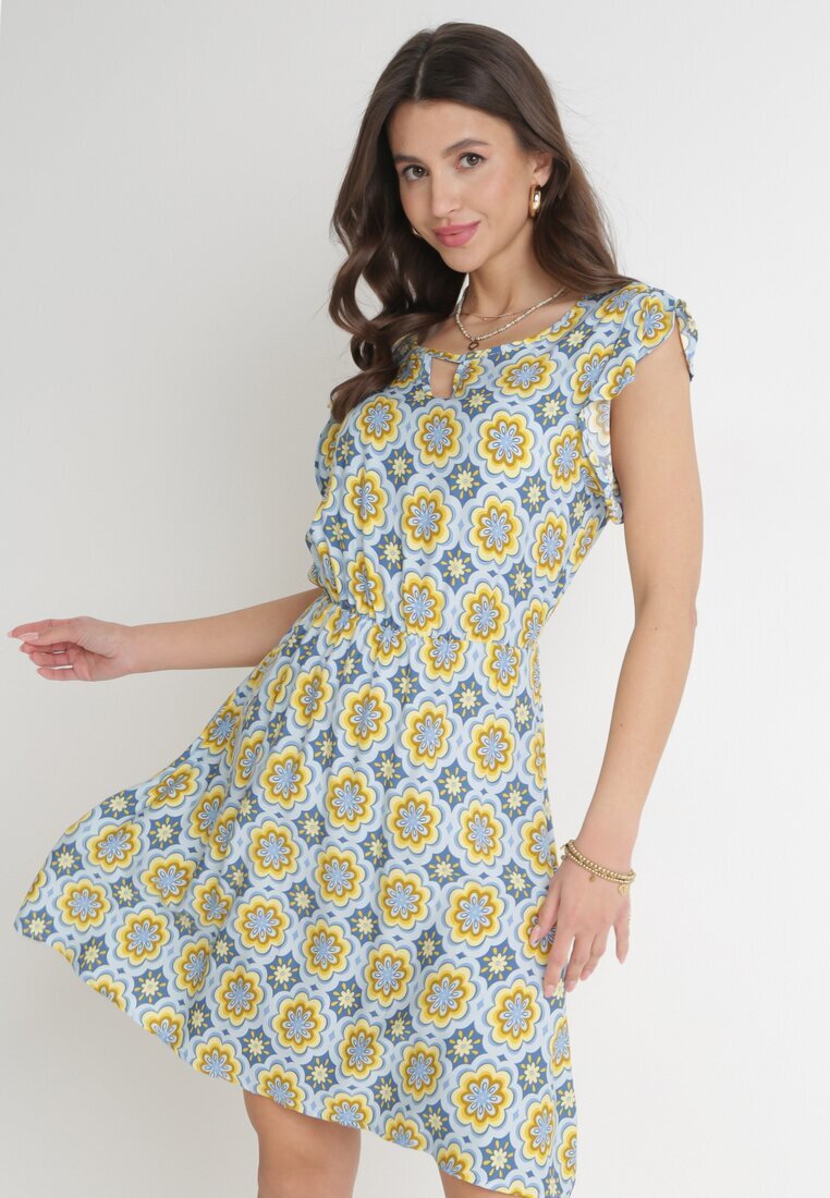 generation Rochie Mini Albastru-Galbenă din Bumbac cu Elastic în Talie Caara