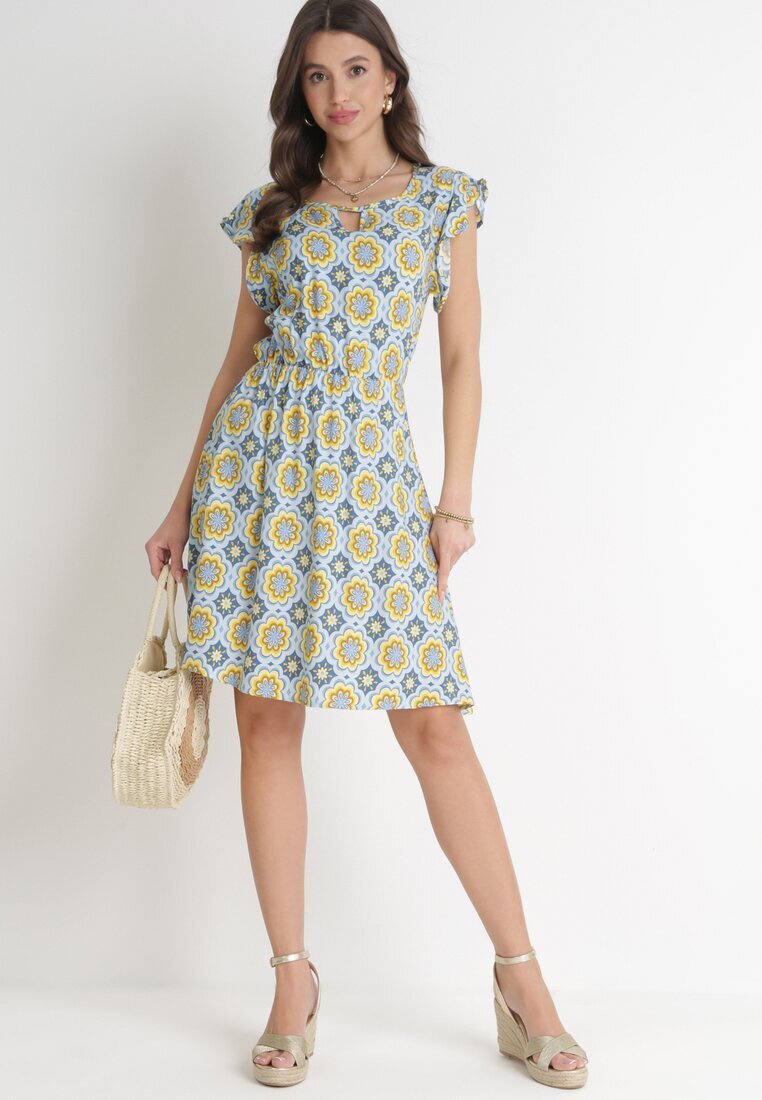 generation Rochie Mini Albastru-Galbenă din Bumbac cu Elastic în Talie Caara