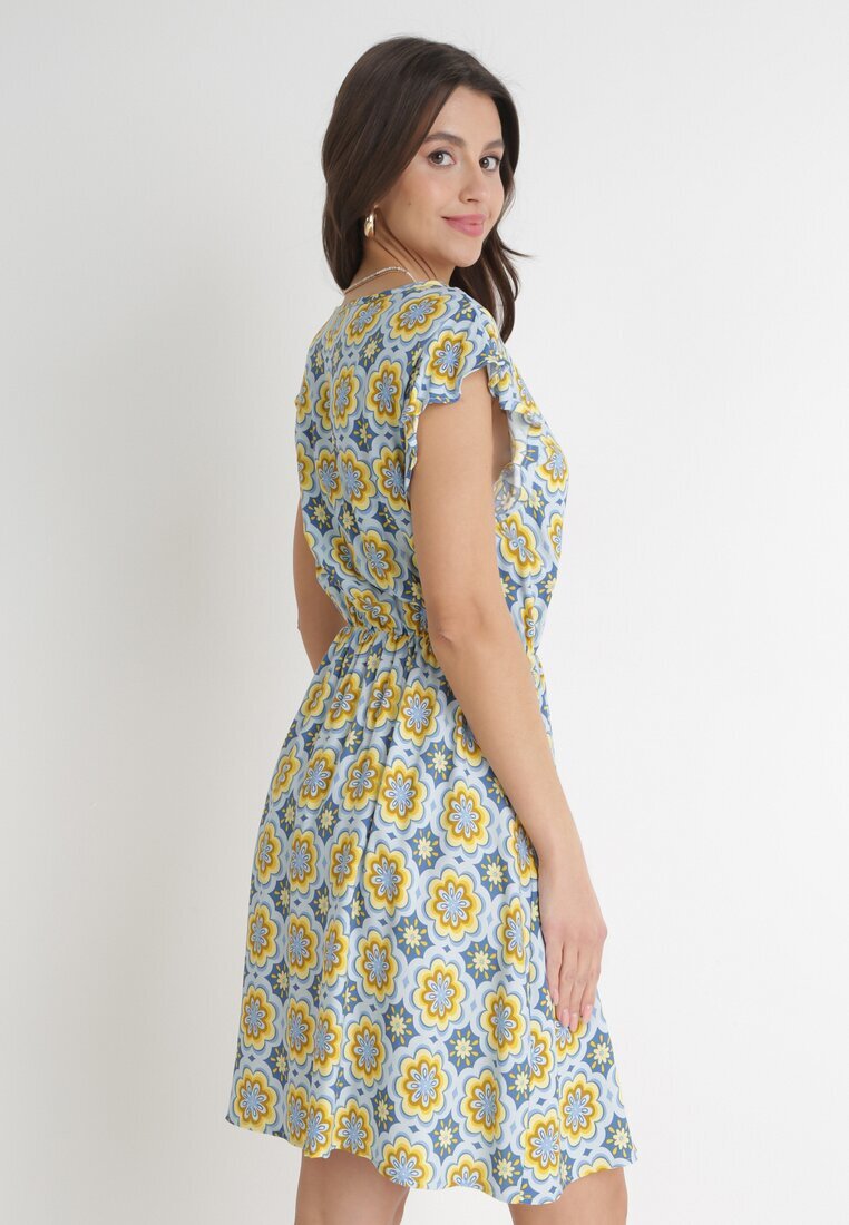 generation Rochie Mini Albastru-Galbenă din Bumbac cu Elastic în Talie Caara
