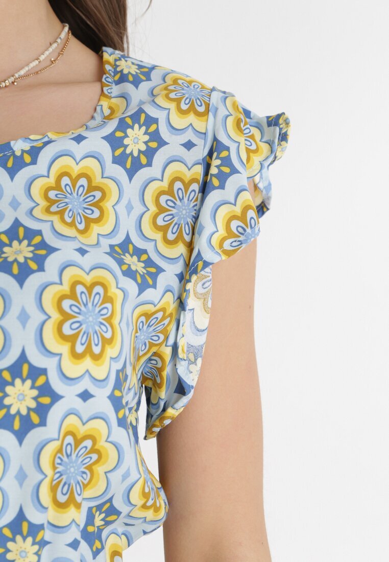 generation Rochie Mini Albastru-Galbenă din Bumbac cu Elastic în Talie Caara