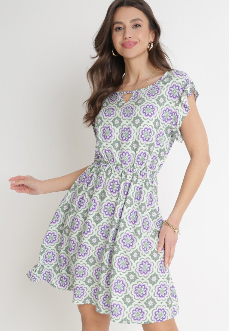 generation Rochie Mini Verde-Violet de Bumbac cu Talie Elastică Caara