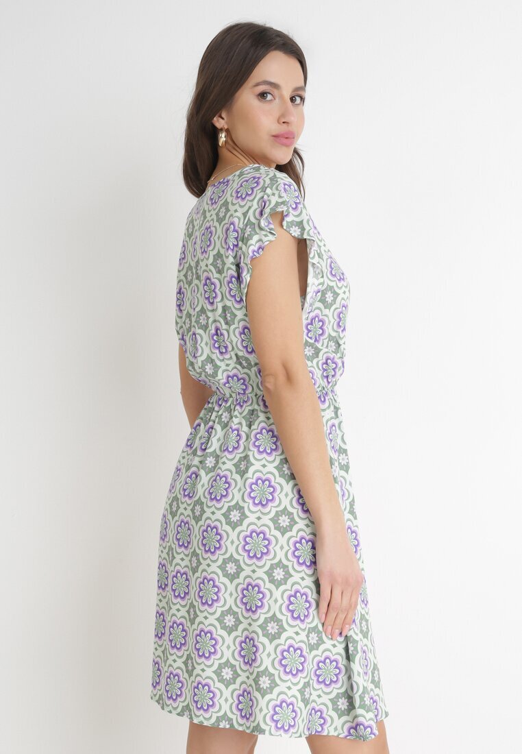 generation Rochie Mini Verde-Violet de Bumbac cu Talie Elastică Caara