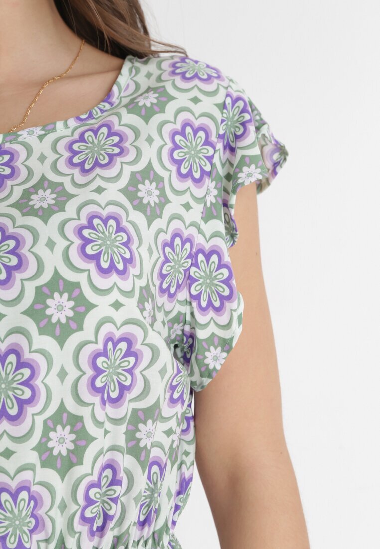 generation Rochie Mini Verde-Violet de Bumbac cu Talie Elastică Caara