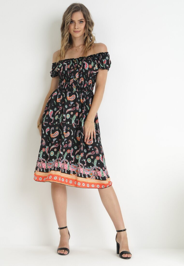 generation Rochie Neagră Cloș Din Bumbac Stil Spaniol Cu Model Paisley Dottia