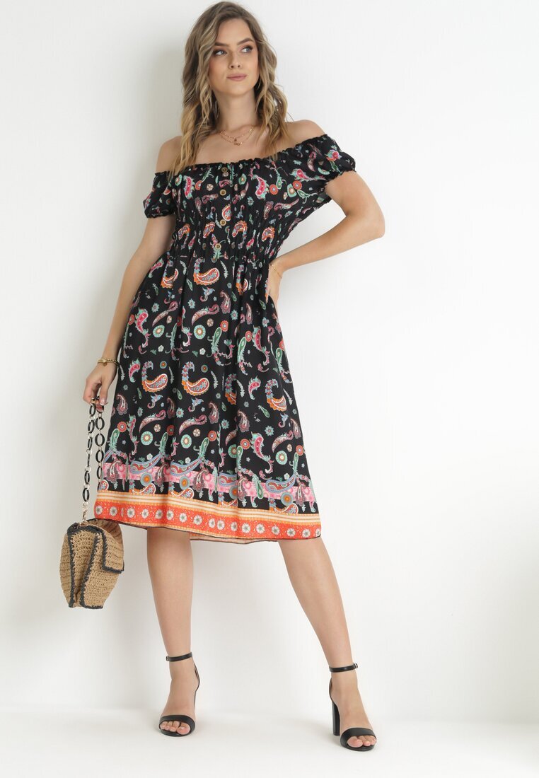 generation Rochie Neagră Cloș Din Bumbac Stil Spaniol Cu Model Paisley Dottia
