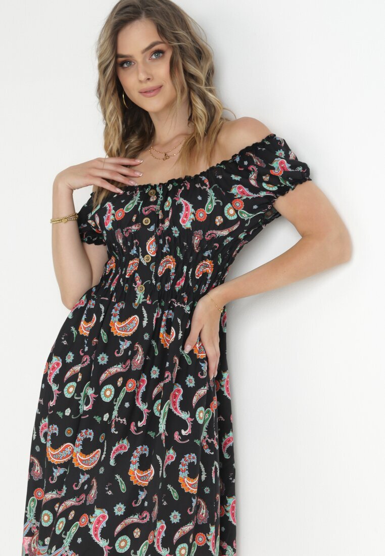 generation Rochie Neagră Cloș Din Bumbac Stil Spaniol Cu Model Paisley Dottia