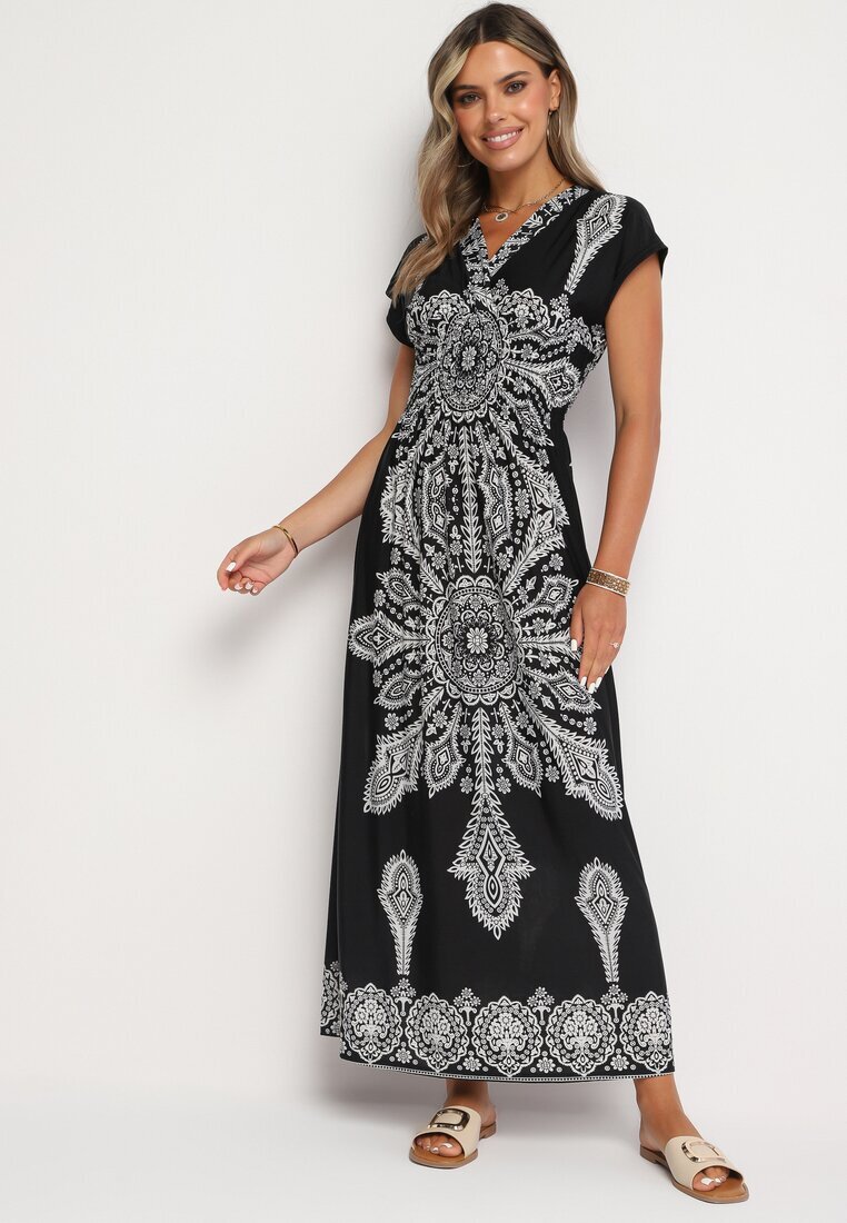 generation Rochie Neagră cu Model Ornamental cu Decolteu Petrecut și Talie Elastică Elasevia