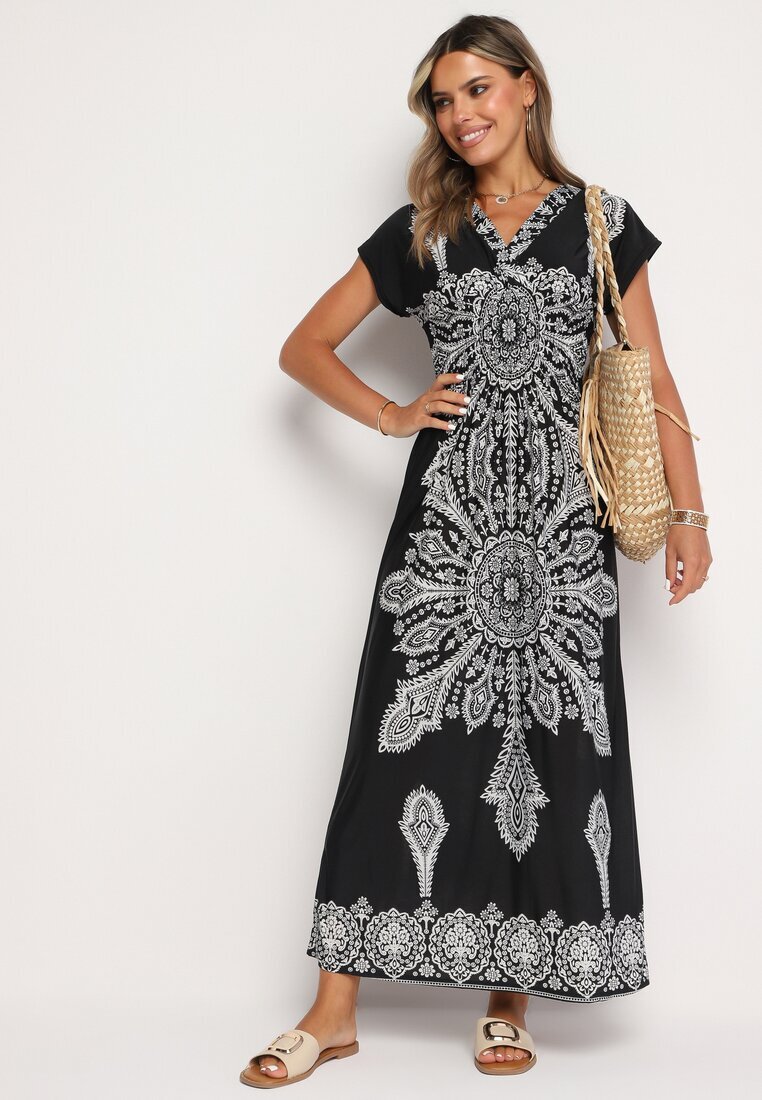 generation Rochie Neagră cu Model Ornamental cu Decolteu Petrecut și Talie Elastică Elasevia