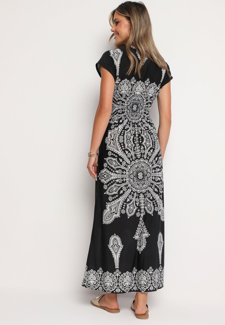 generation Rochie Neagră cu Model Ornamental cu Decolteu Petrecut și Talie Elastică Elasevia