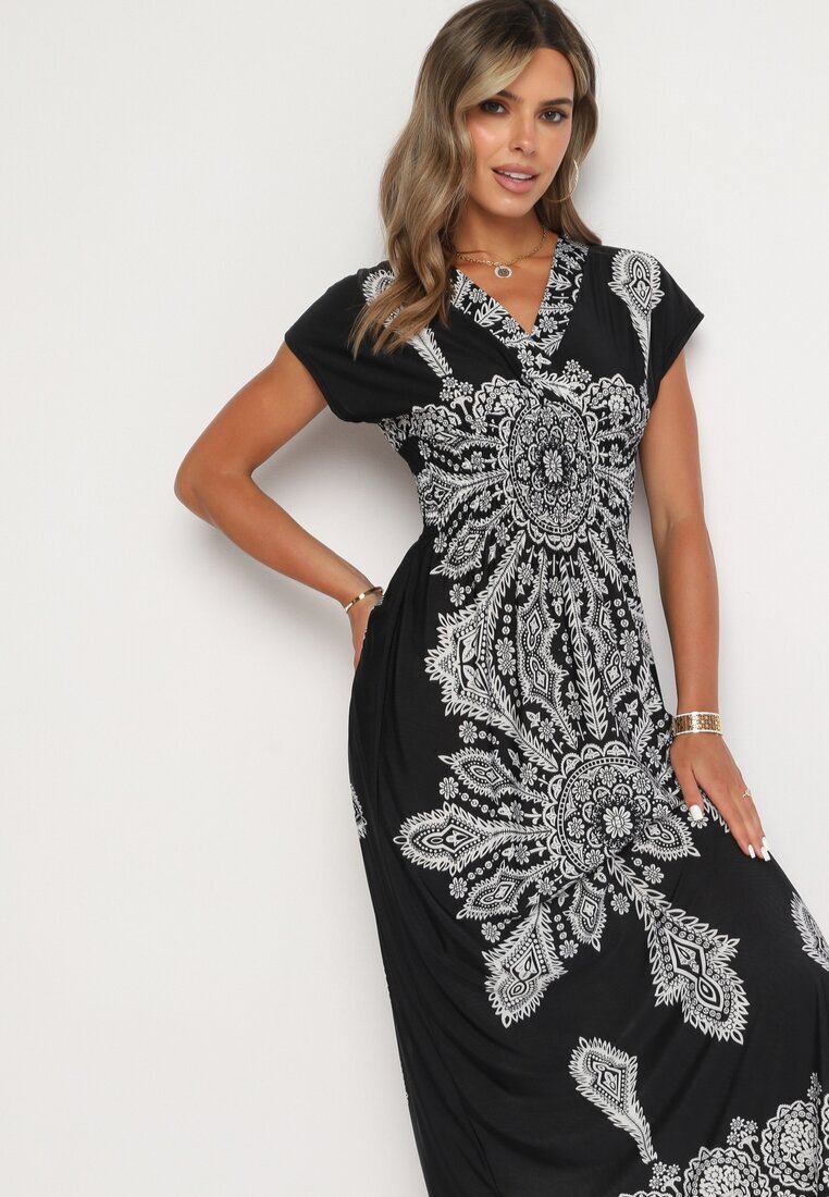 generation Rochie Neagră cu Model Ornamental cu Decolteu Petrecut și Talie Elastică Elasevia