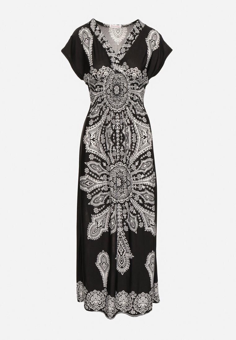 generation Rochie Neagră cu Model Ornamental cu Decolteu Petrecut și Talie Elastică Elasevia