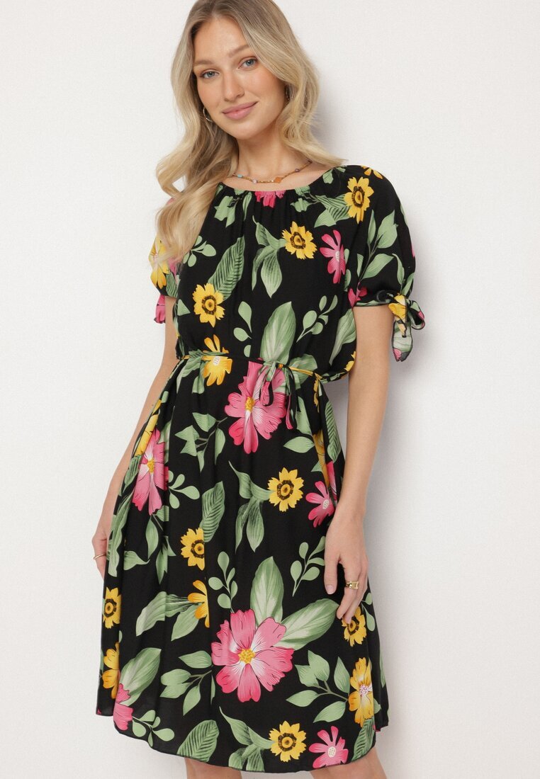generation Rochie neagră de bumbac cu imprimeu floral cu șnur în talie și la mâneci Tosmira