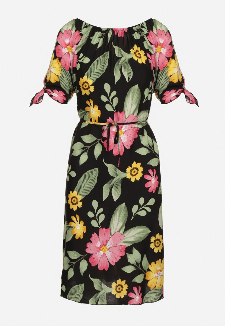 generation Rochie neagră de bumbac cu imprimeu floral cu șnur în talie și la mâneci Tosmira