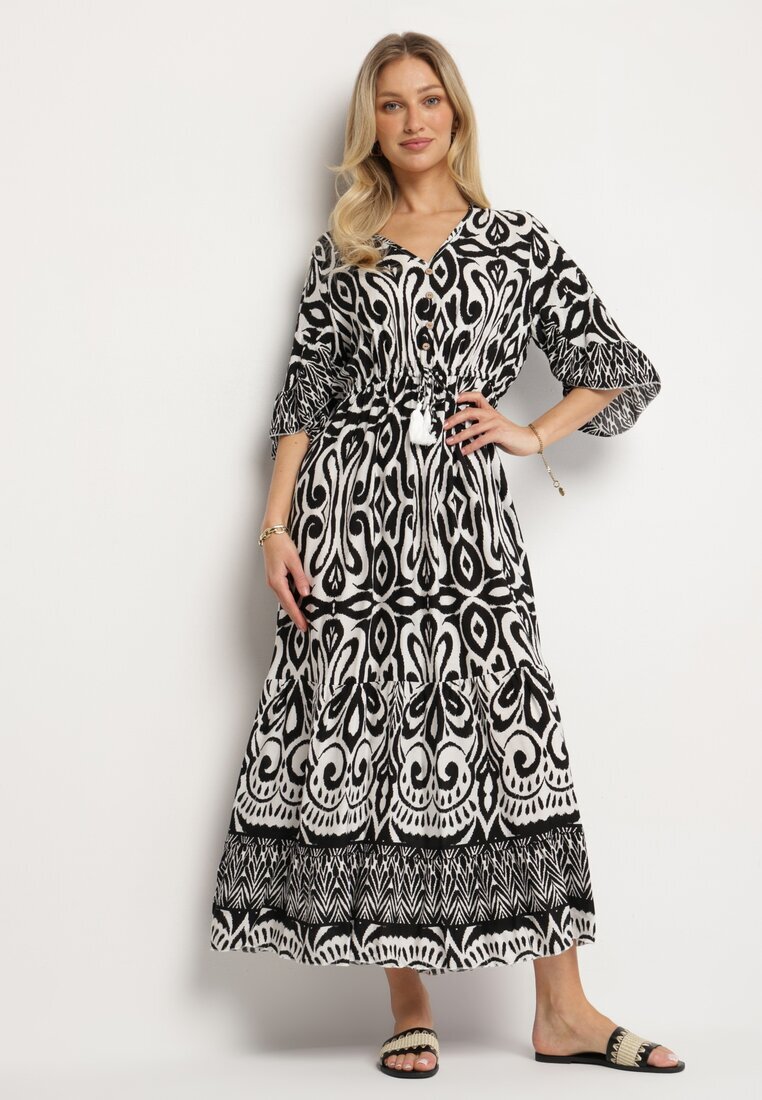generation Rochie Neagră din Bumbac cu Model Ornamental cu Elastic în Talie Orrielle