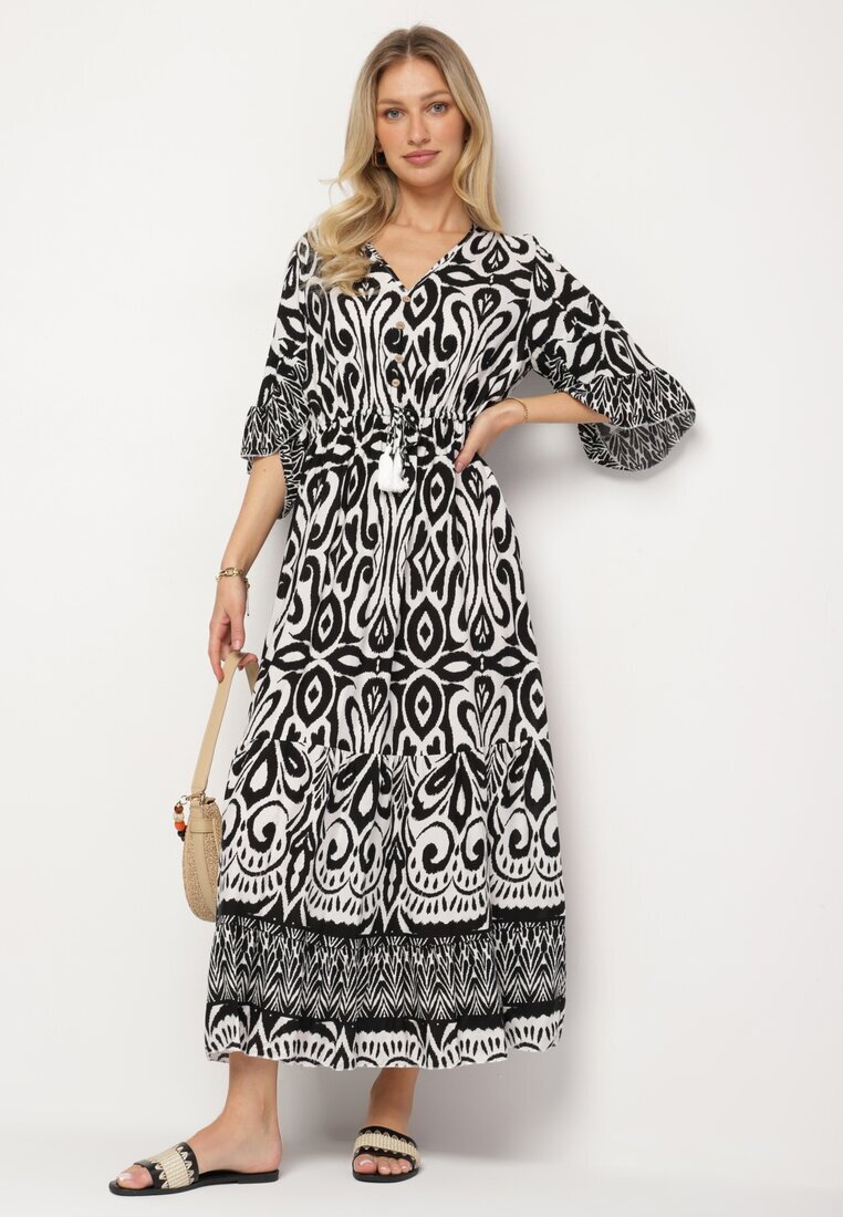 generation Rochie Neagră din Bumbac cu Model Ornamental cu Elastic în Talie Orrielle
