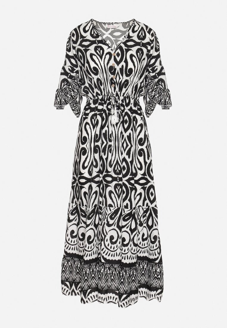 generation Rochie Neagră din Bumbac cu Model Ornamental cu Elastic în Talie Orrielle