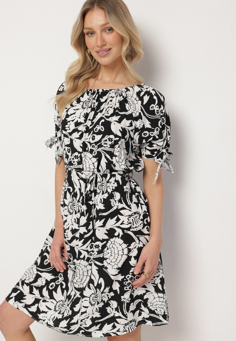 generation Rochie Neagră Din Bumbac cu Plante Ornamentale și Legături la Mâneci Tosvena