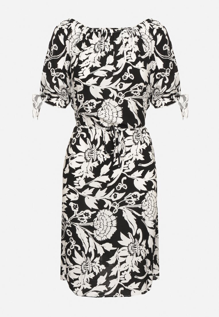 generation Rochie Neagră Din Bumbac cu Plante Ornamentale și Legături la Mâneci Tosvena
