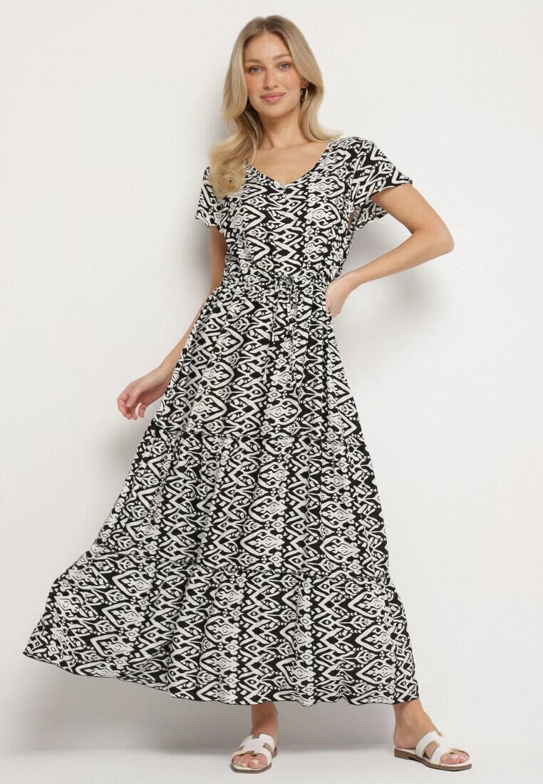 generation Rochie Neagră din bumbac Decorată cu model Aztec cu șnur în talie