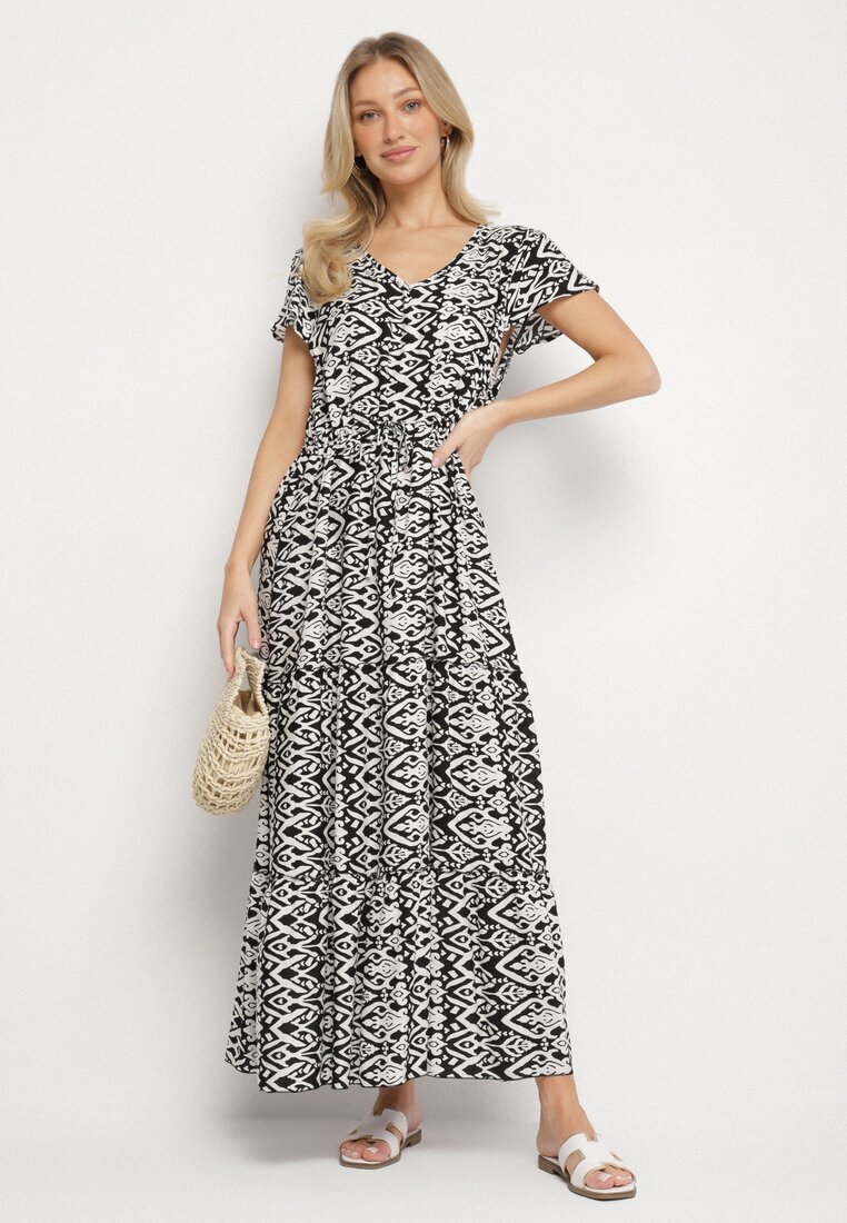 generation Rochie Neagră din bumbac Decorată cu model Aztec cu șnur în talie