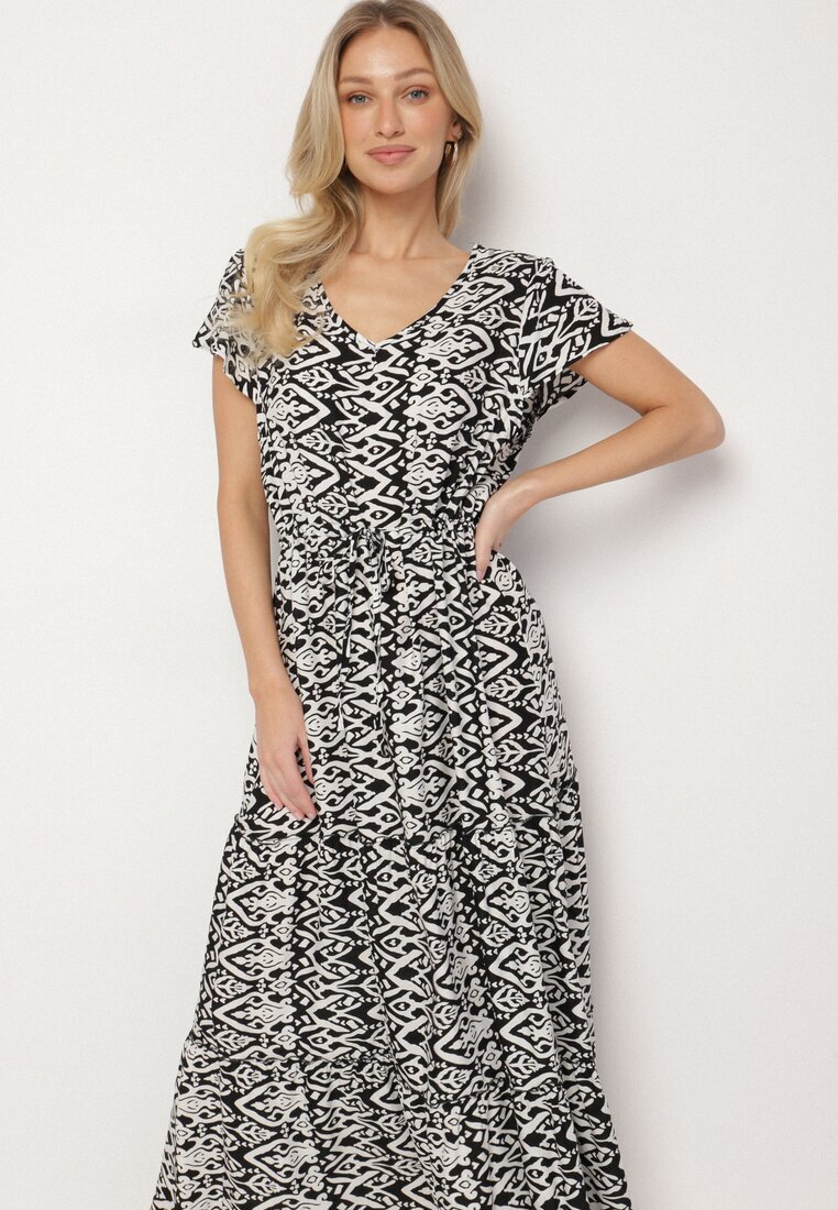 generation Rochie Neagră din bumbac Decorată cu model Aztec cu șnur în talie