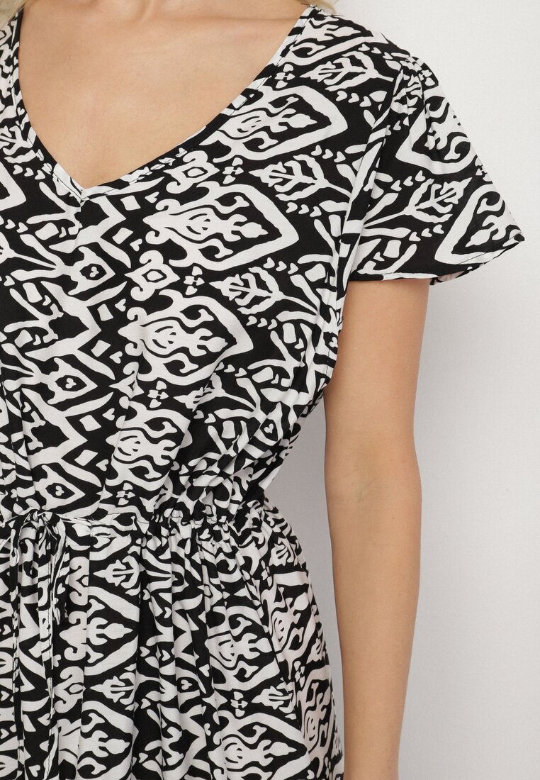 generation Rochie Neagră din bumbac Decorată cu model Aztec cu șnur în talie