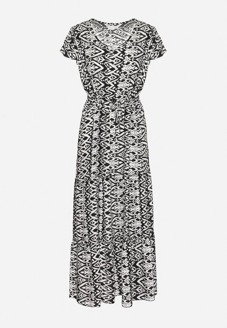 generation Rochie Neagră din bumbac Decorată cu model Aztec cu șnur în talie