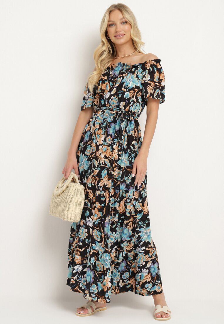 generation Rochie Negru-Albastru cu Decolteu Spaniol cu Curea Legată Floral din Bumbac Rissanique
