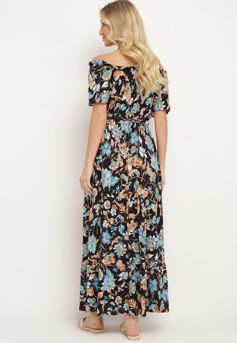 generation Rochie Negru-Albastru cu Decolteu Spaniol cu Curea Legată Floral din Bumbac Rissanique