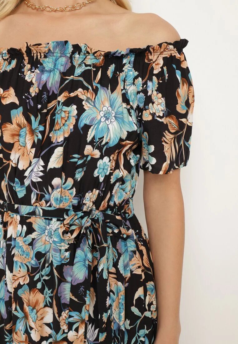 generation Rochie Negru-Albastru cu Decolteu Spaniol cu Curea Legată Floral din Bumbac Rissanique