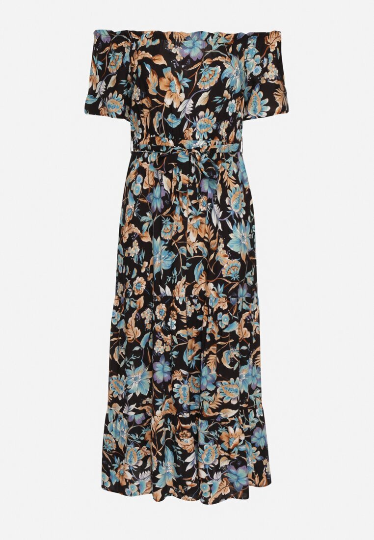 generation Rochie Negru-Albastru cu Decolteu Spaniol cu Curea Legată Floral din Bumbac Rissanique