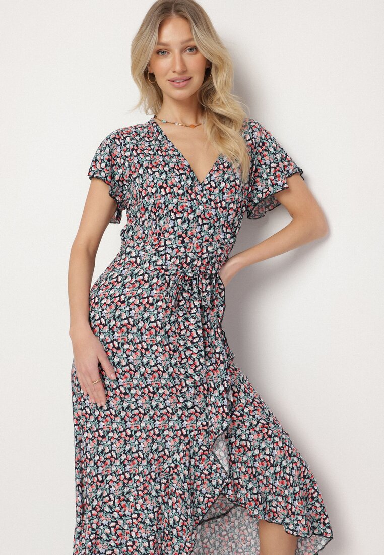 generation Rochie Negru-Verde din bumbac cu elastic în talie și tiv asimetric Orrizae
