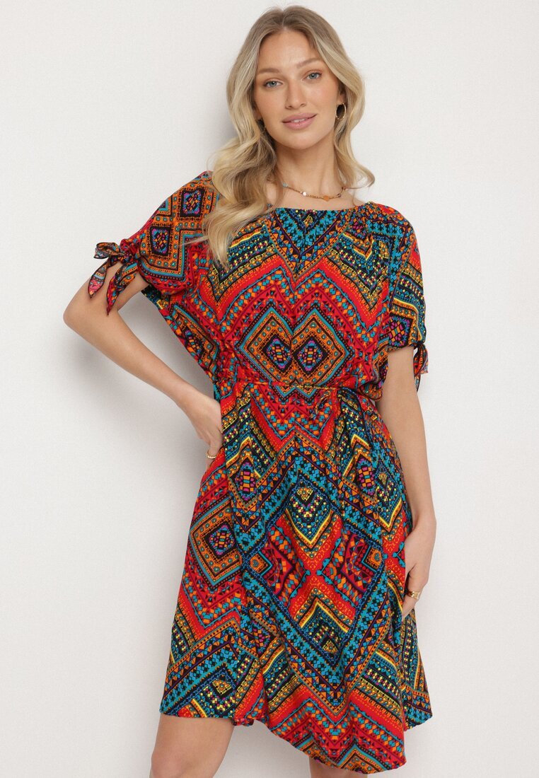 generation Rochie Roșie de bumbac cu model etno cu cordon legat în talie Tosmera