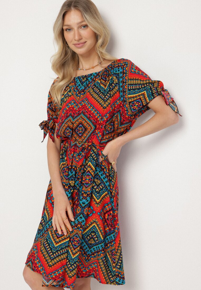 generation Rochie Roșie de bumbac cu model etno cu cordon legat în talie Tosmera